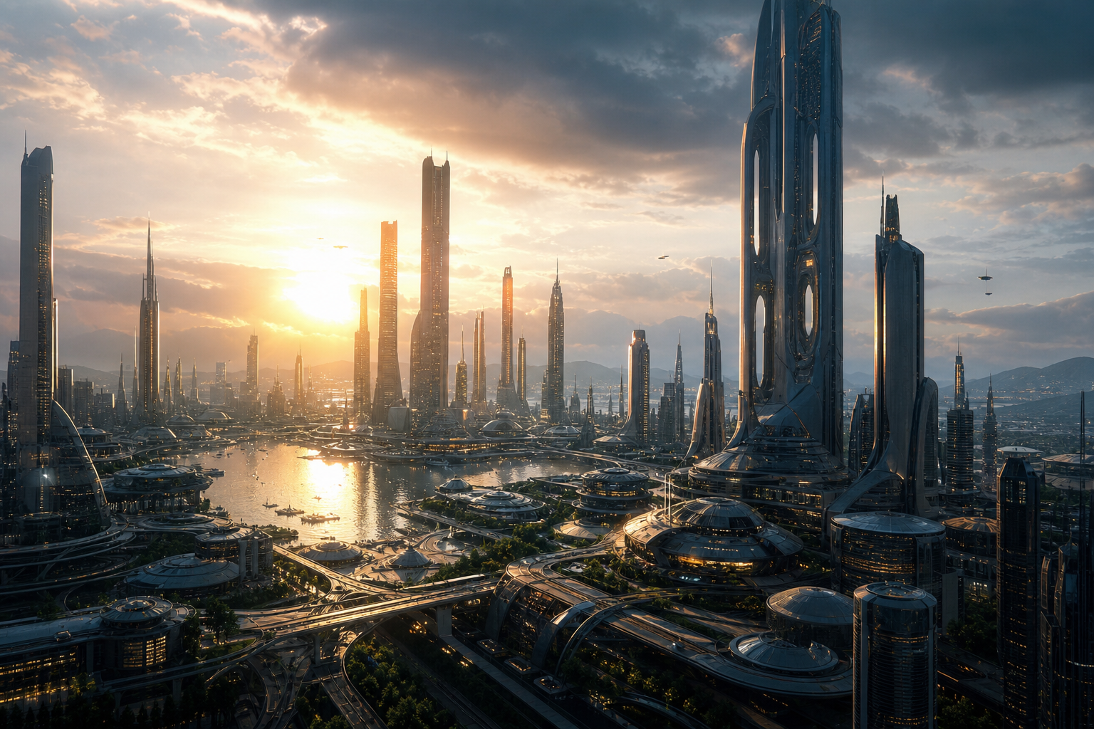 futuristic AI city skyline, cinema