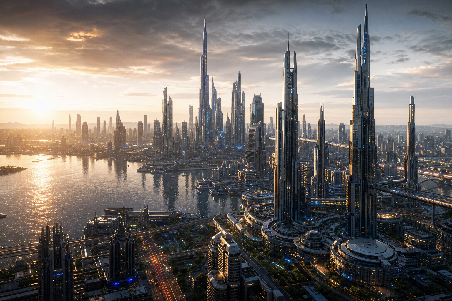 futuristic AI city skyline, cinema